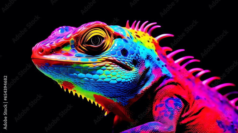 An iguana illuminates the canvas with its neon brilliance. Each meticulously detailed scale shimmers with vibrant colors, standing out starkly against the deep black background. 