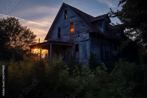 An aged wooden house overtaken by nature's embrace, tells stories of days long past. Yet, a mysterious glow from an upstairs window breaks the surrounding gloom, igniting intrigue.