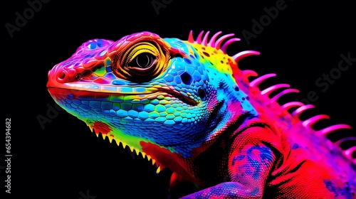 An iguana illuminates the canvas with its neon brilliance. Each meticulously detailed scale shimmers with vibrant colors, standing out starkly against the deep black background.  © Brian