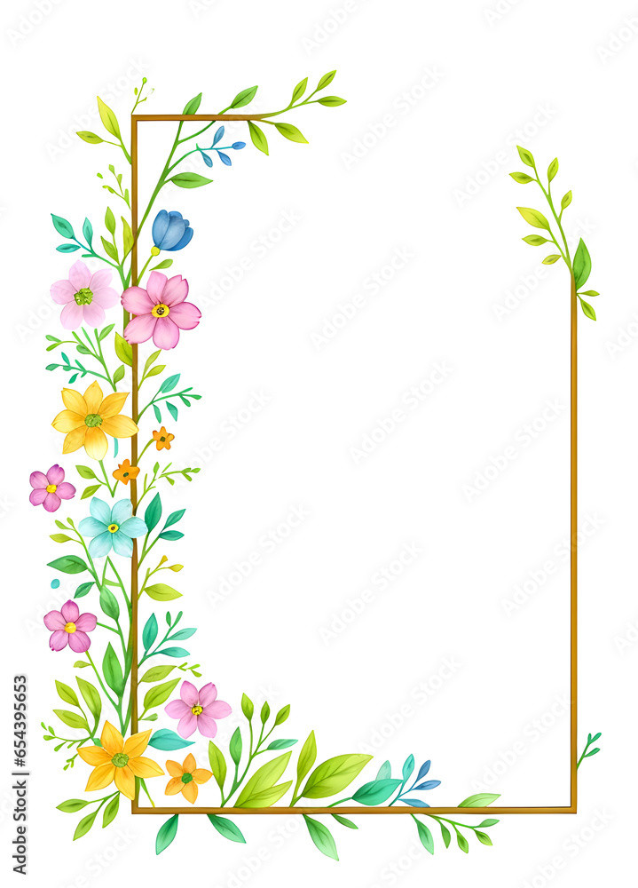 Frame made of colorful watercolor wildflowers and leaves illustration