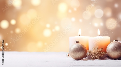 Christmas decorations candles, snowy backgroundai generated Christmas background illustration