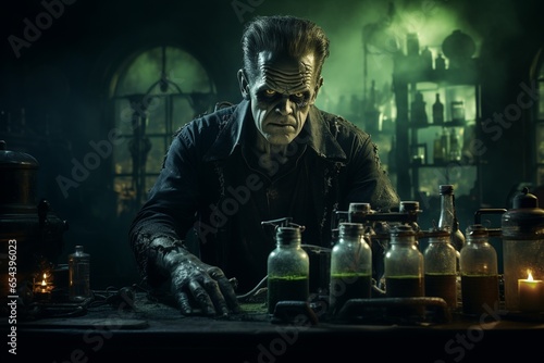 Frankenstein Monster, the Halloween Menace, Monstrous Creation in a Nightmarish Halloween Environment photo