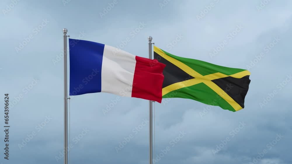 Jamaica and France flag waving together on cloudy sky, endless seamless loop, two country cooperation concept Jamaica and France flag waving together on cloudy sky, endless seamless loop, two country cooperation concept