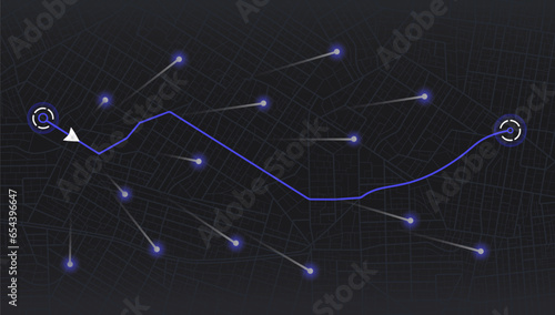Multiple destinations. Map city with gps pins. Alternative way with location system. Urban map with pointers. Black background, information pointers, signs, arrows. Vector illustration.