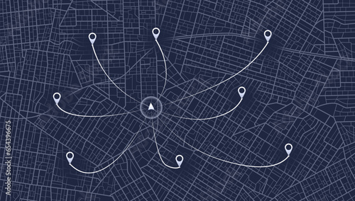 Multiple destinations. Map city with gps pins. Alternative way with location system. Urban map with pointers. Black background, information pointers, signs, arrows. Vector illustration.