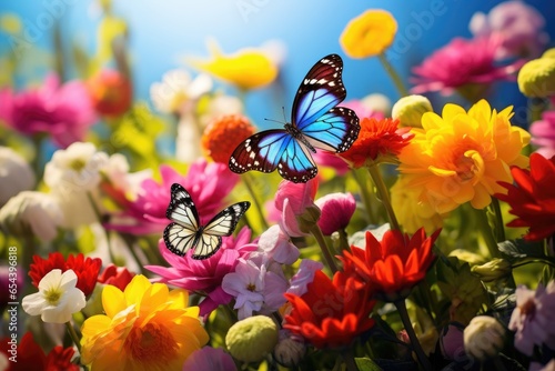 Blooming flowers and butterflies in the spring garden 