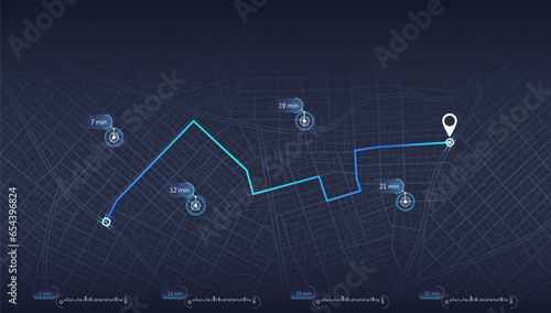 Location tracks dashboard. Navigation for obtaining data on distance, turns of the path. Path from the point to the intended goal, several destinations, arrival point. Vector, illustration. Abstract