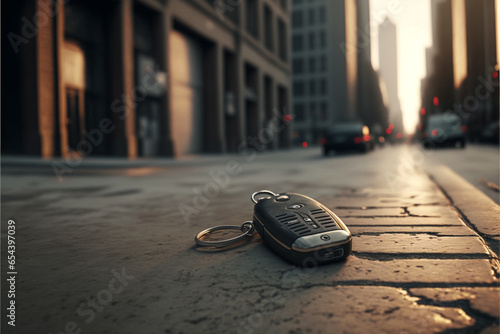 abstract lost car keys fall lying on the street concrete cement ground roadway.