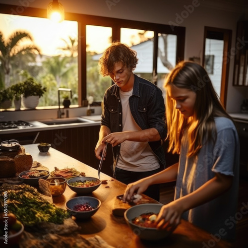 happy family funny teeneger cooking together photo