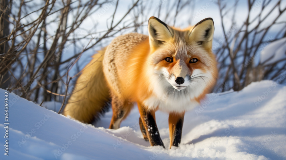 jeune renard en hiver dans un décor de neige