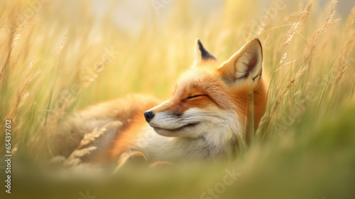 jeune renard en train de dormir dans les hautes herbes de la prairie
