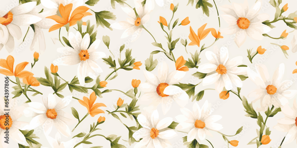 Chamomile flowers seamless pattern. Hand drawn white flowers with stems on pastel green background. Big cute flowers allover print - obrazy, fototapety, plakaty 