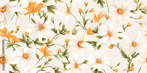 Chamomile flowers seamless pattern. Hand drawn white flowers with stems on pastel green background. Big cute flowers allover print