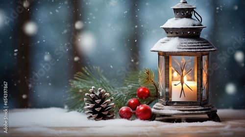 Christmas lantern snowy decorations ai generated Christmas background illustration © moon
