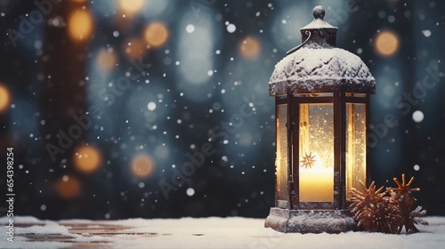 Lantern, snowfall, christmas decorationsai generated Christmas background illustration photo