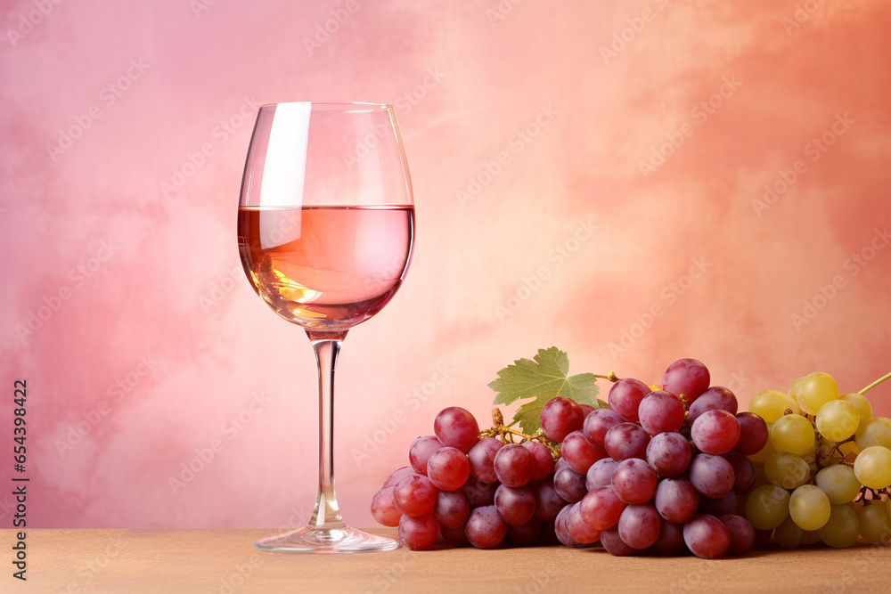 Glass with rosé wine and grapes on pastel peach colored background