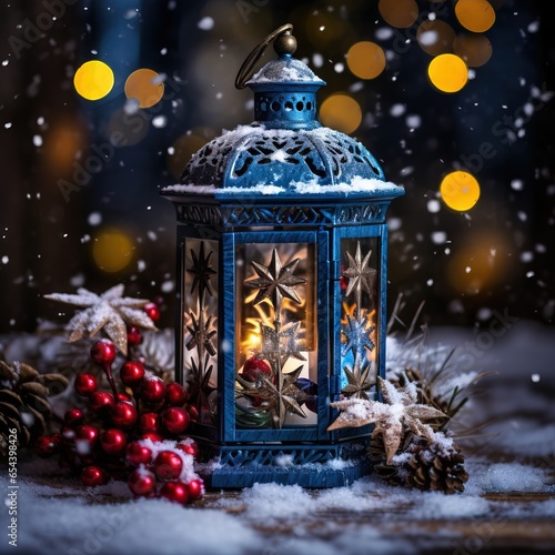 Lantern, snowfall, christmas decorationsai generated Christmas background illustration © moon