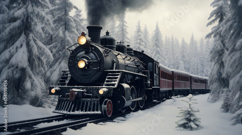 steam train in the snow in the forest