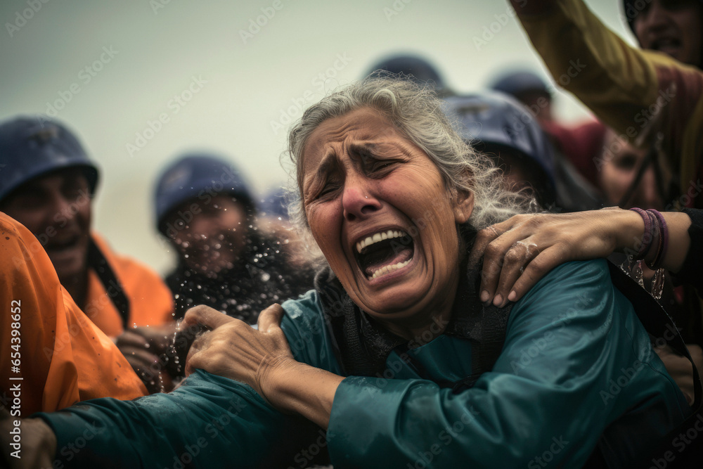 An Image Capturing the Dramatic Emotion of Relief as a Tearful Survivor Escapes Panic and Gratefully Embraces the Rescuers. Moments of Pain. Flood Survivor