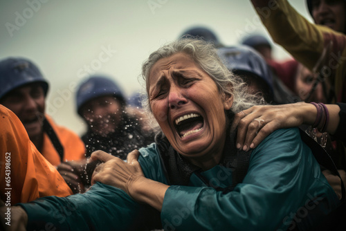 An Image Capturing the Dramatic Emotion of Relief as a Tearful Survivor Escapes Panic and Gratefully Embraces the Rescuers. Moments of Pain. Flood Survivor