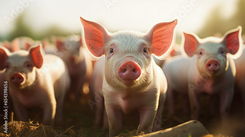 Ecological cute pigs and piglets at the domestic farm, Pigs at factory photo
