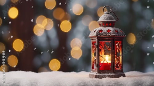 Lantern, snowfall, christmas decorationsai generated Christmas background illustration