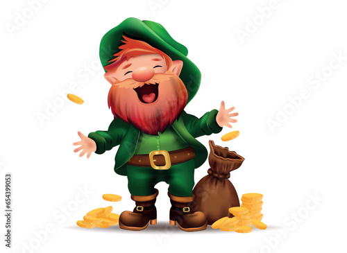 Happy St. Patrick's Day. Funny jolly gnome St. Patrick in green suit with bag of gold. Cartoon vector illustration for holiday, design, collage, print, stickers, postcards. 