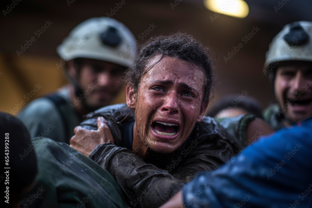 An Image Capturing the Dramatic Emotion of Relief as a Tearful Survivor Escapes Panic and Gratefully Embraces the Rescuers. Moments of Pain. Flood Survivor An Image Capturing the Dramatic Emotion of Relief as a Tearful Survivor Escapes Panic and Gratefully Embraces the Rescuers. Moments of Pain. Flood Survivor