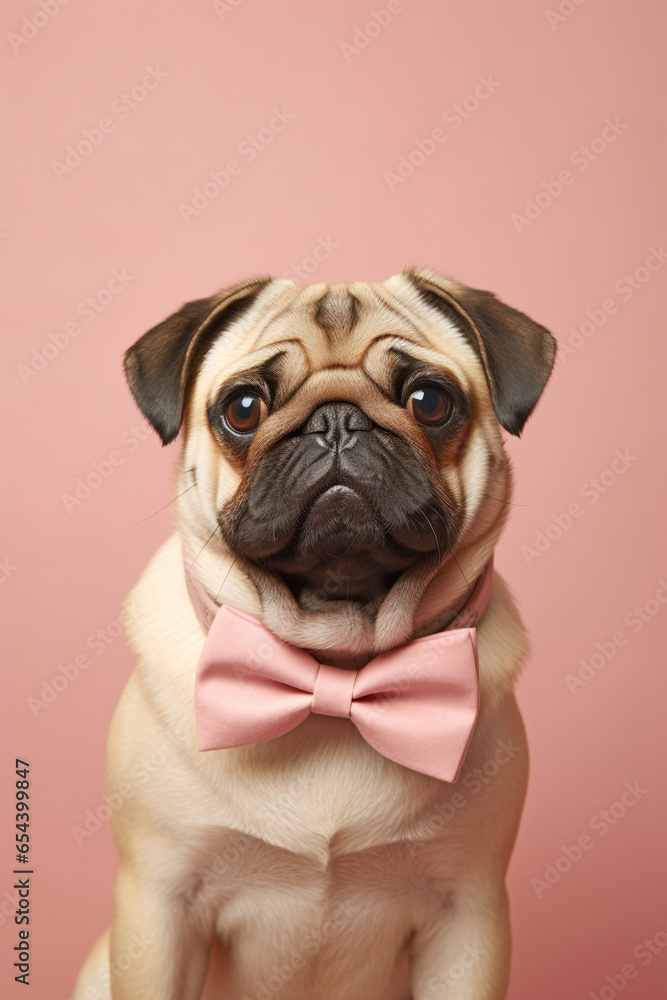Cute Pug dog with bowtie on pink background