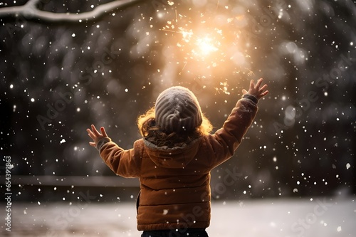 little kid throwing snow in the air playing with snow during winter. Winter outdoors lifestyle. Rear view.
