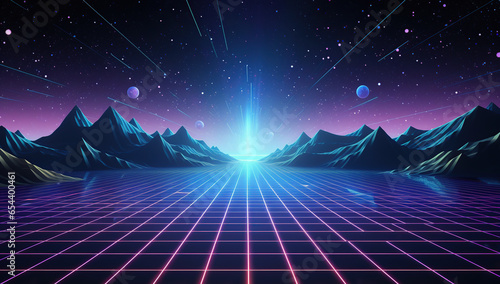 futuristic landscape with mountains and grid neon