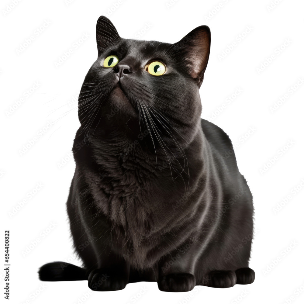 Black cat looking upward on transparent background