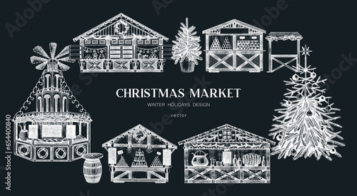 Christmas market background. Hand drawn vector illustration on chalkboard. European holiday marketplace banner design.. Christmas tree, wooden stall kiosk, candy shop, bakery, mulled wine sketches