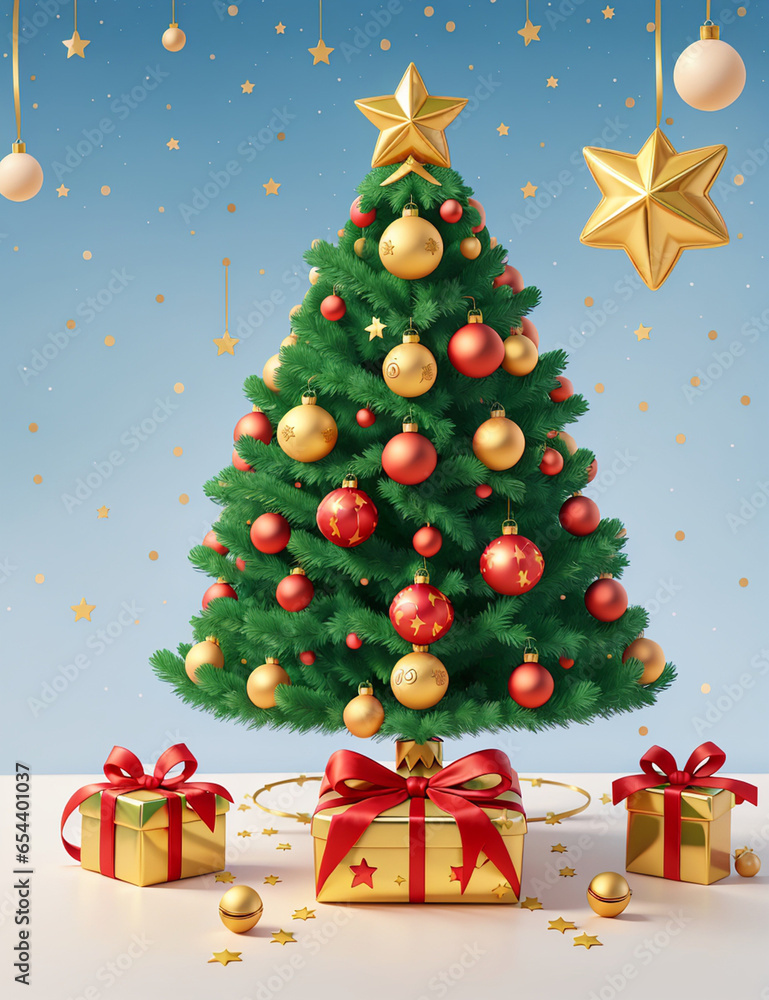 Christmas tree with star. Merry Christmas and Happy New Year. light garlands, bauble ball, Gift box, surprise gifts, gold confetti. Cute Cartoon
