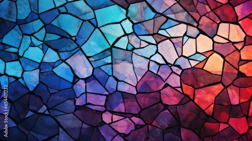 Ripped stained glass in blue, red, purple and orange colors with black lines created with Generative AI