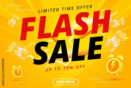Flash Sale Shopping Poster or banner with Flash icon and 3D text on yellow background. Template design for social media with blank product podium scene.