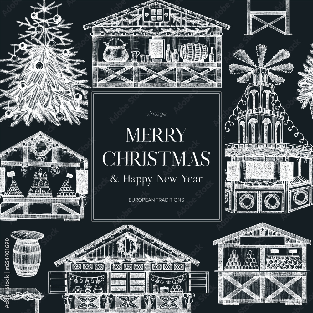 Christmas card template. Traditional European architecture on chalkboard. Christmas market with souvenir stalls, Christmas tree, fast food, candy shops sketches. Winter holidays fair background. Christmas card template. Traditional European architecture on chalkboard. Christmas market with souvenir stalls, Christmas tree, fast food, candy shops sketches. Winter holidays fair background.