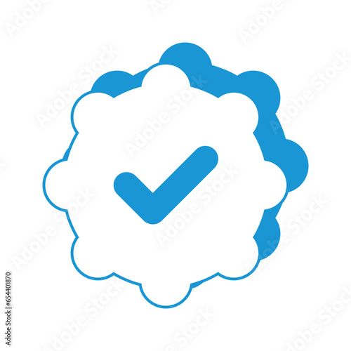 Flat line uncolored check mark icon over white background. verified blue check logo with cloud shield speech bubble with check mark icon. blue and white vector illustration.
