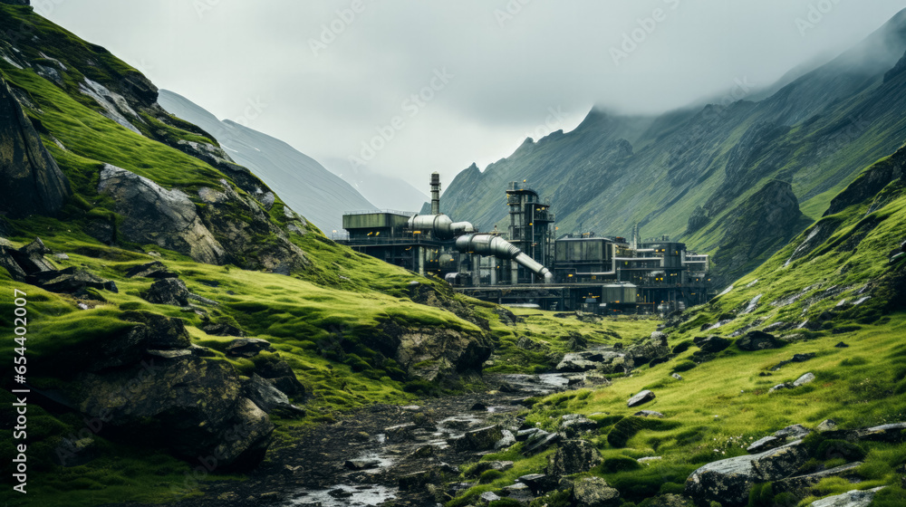 Secluded geothermal energy plant in rugged terrain background with empty space for text Secluded geothermal energy plant in rugged terrain background with empty space for text