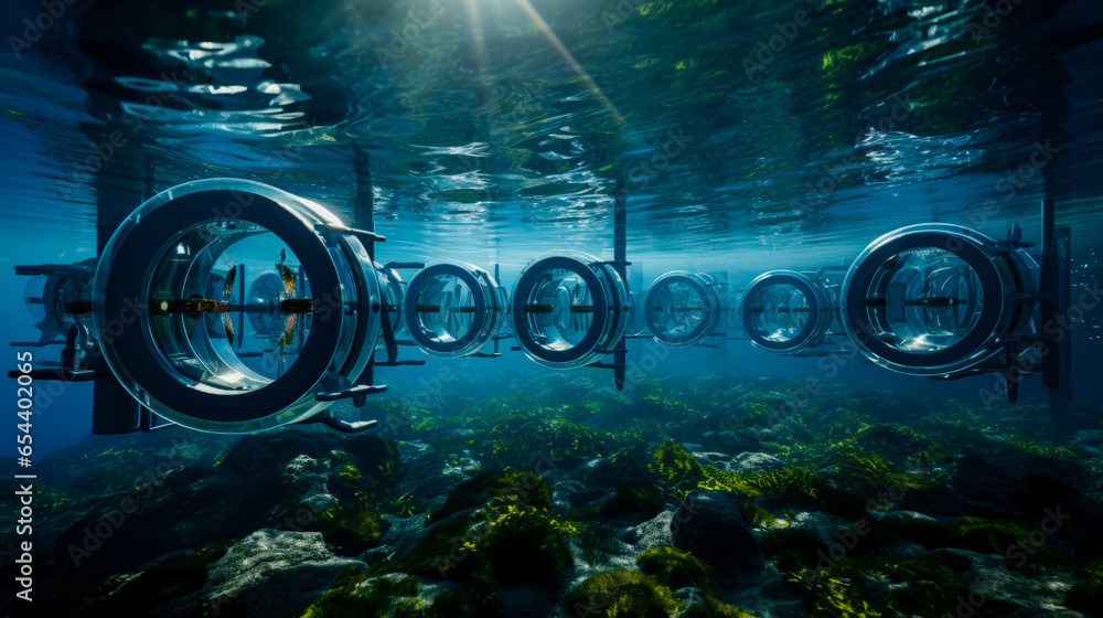 Underwater turbines utilizing tidal currents for renewable energy generation along coastlines  - obrazy, fototapety, plakaty 