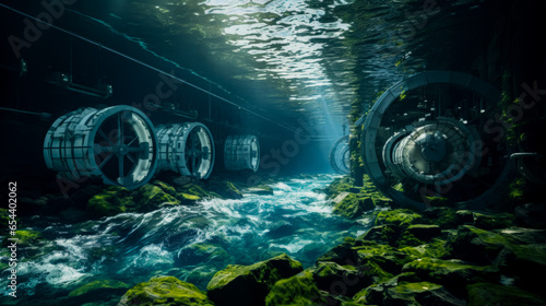 Underwater turbines utilizing tidal currents for renewable energy generation along coastlines  photo