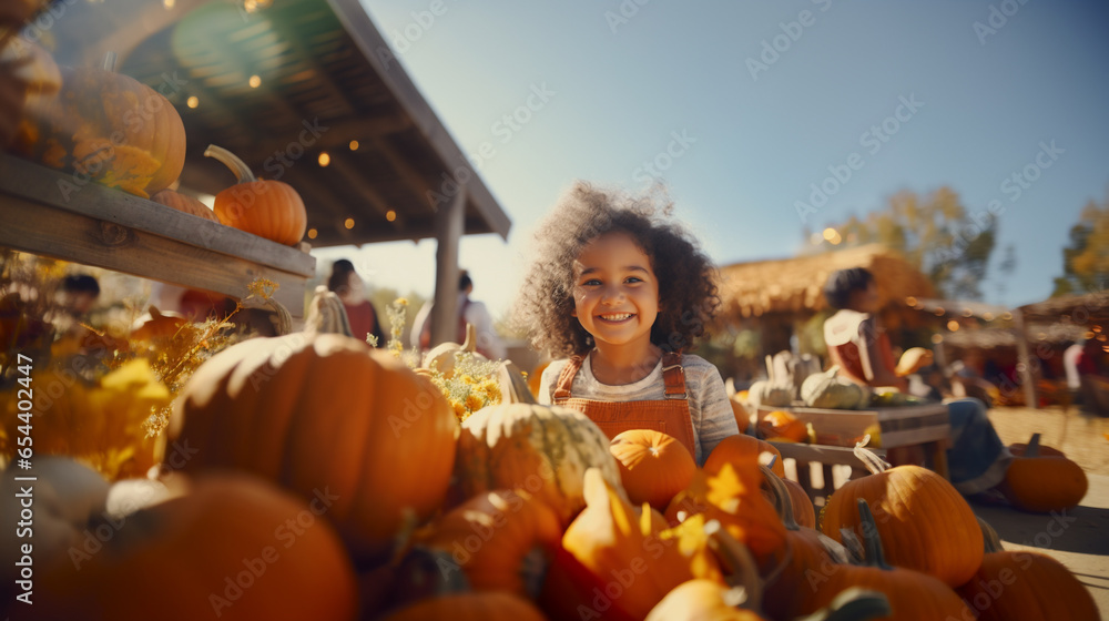 Happy child girl with orange pumpkins on farm during autumn festival.