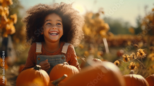 Happy child girl with orange pumpkins on farm during autumn festival. Ai generated