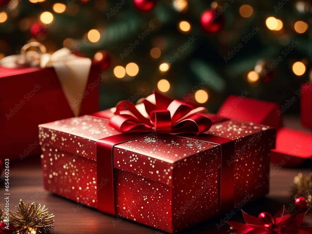 Beautiful Christmas gift boxes with ribbon on floor with perfect x-mas background. Generative ai Beautiful Christmas gift boxes with ribbon on floor with perfect x-mas background. Generative ai