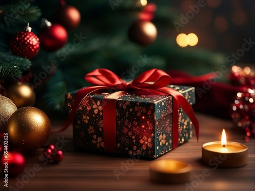 Beautiful Christmas gift boxes with ribbon on floor with perfect x-mas background. Generative ai