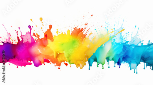 Abstract artistic colorful paint splashing of watercolor rainbow splash, spray-paint style, color field, acrylic drop, neon fluorescent colorful on white background.