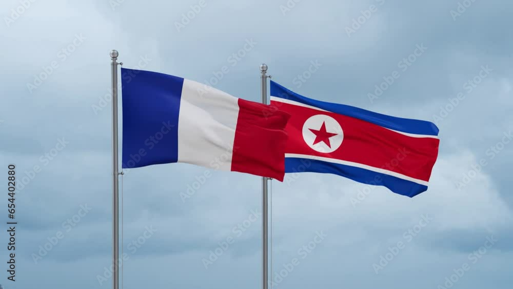 North Korea and France flag waving together on cloudy sky, endless seamless loop North Korea and France flag waving together on cloudy sky, endless seamless loop