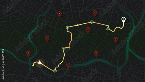 Location EV charging station location mark on gps navigation map a lot with fast supercharger station. Path turns and destination tag or mark. Huge city top view Tracking path, route. vector