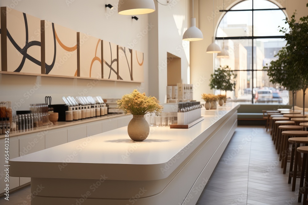 Modern coffee shop with a white counter an h design, Stencil art wall. Modern coffee shop with a white counter an h design, Stencil art wall.