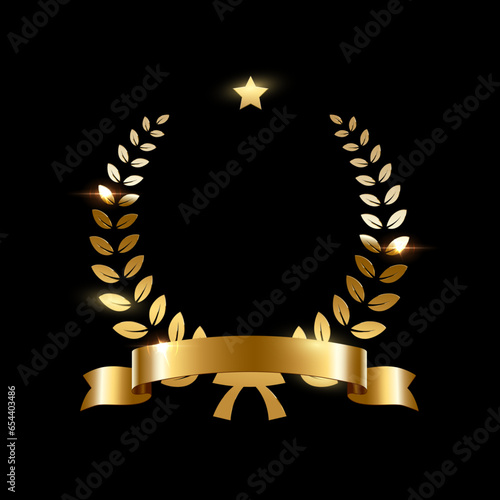 Realistic gold laurel wreath with golden ribbon and star. Premium insignia, traditional victory symbol on black backdrop. Triumph, win poster, banner layout , shiny frame, border
